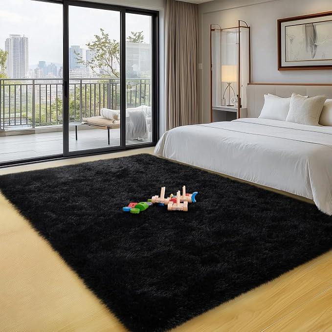 qulint Black Area Rug for Living Room, 4x6 Fluffy Rug for Bedroom Soft Shag - Image 7