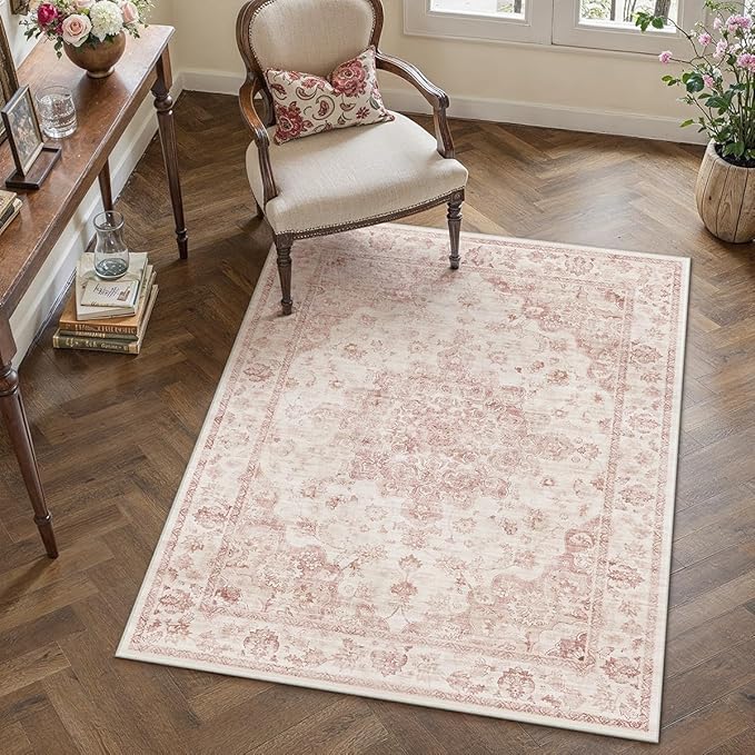 3x4 Washable Neutral Area Rug Pink Vintage Entryway Office Carpet Non-Slip Soft - Image 3
