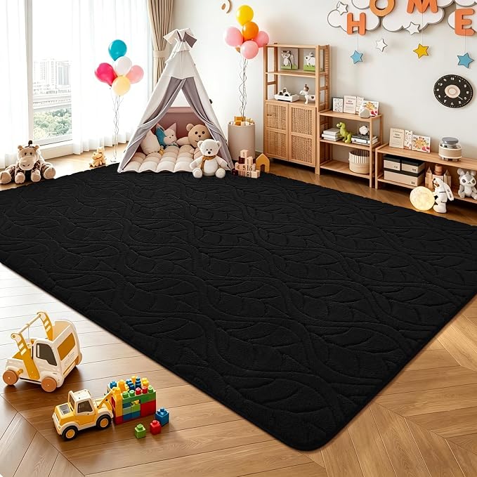 5x7 Black Washable Area Rug for Bedroom Living Room, Leaf Geometric Patter Shag - Image 4