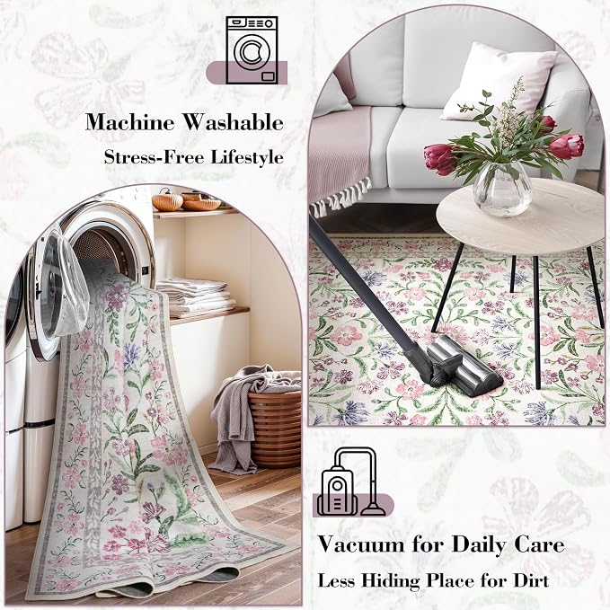 Wonnitar Boho Floral Area Rug 6x9, Washable Purple Rugs - Image 7