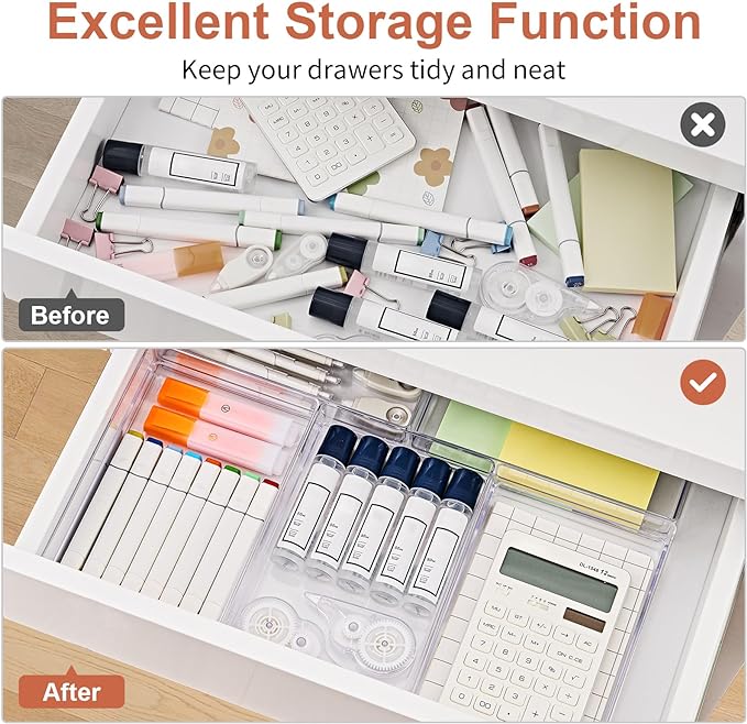 SMARTAKE 6 PCS Clear Plastic Drawer Organizers Set, Large Size Non-Slip Desk - Image 4