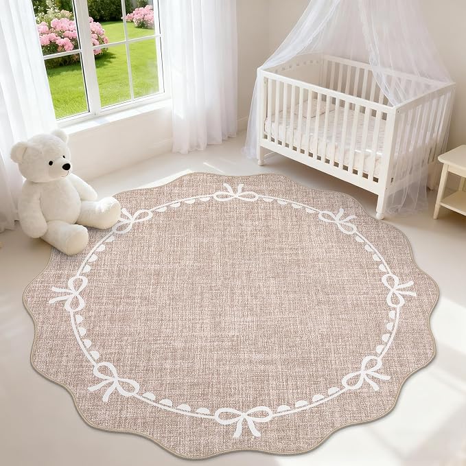 GarveeHome Scalloped Bow Rug for Living Room, 4ft Round Rugs Washable Solid - Image 2
