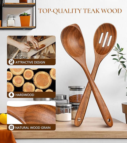2Pcs Wooden Spoons for Cooking, Natural Premium Teak Wood Corner Spoon & - Image 2