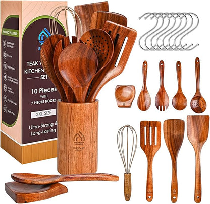 Teak Wooden Utensil Set 10 Piece, Kitchen Cooking Utensils by SarvinAqua