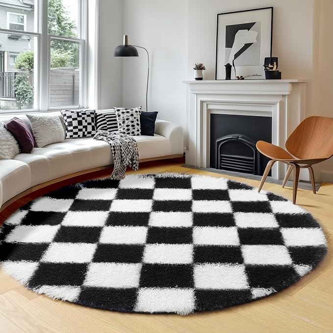 KICMOR Round Rugs 8ft Black and White Circle Area Rug, Fluffy Soft Large Fuzzy - Image 3