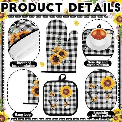 Fourluoo 10 Pcs Sunflower Kitchen Decor 4 Black and White Buffalo Plaid Dish - Image 5
