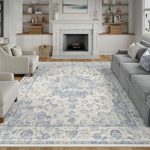12x15 Neutral Area Rug Blue Vintage Living Room Bedroom Washable Carpet by WondRg