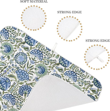 Boho Navy Blue Sage Green Dish Drying Mat 18x24 Inch Vintage Floral Drying Mat - Image 3