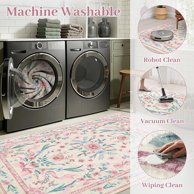 Pink Floral Bow Rug 8x10 for Living Room, Washable Non Slip Area Rug, Soft Boho - Image 6