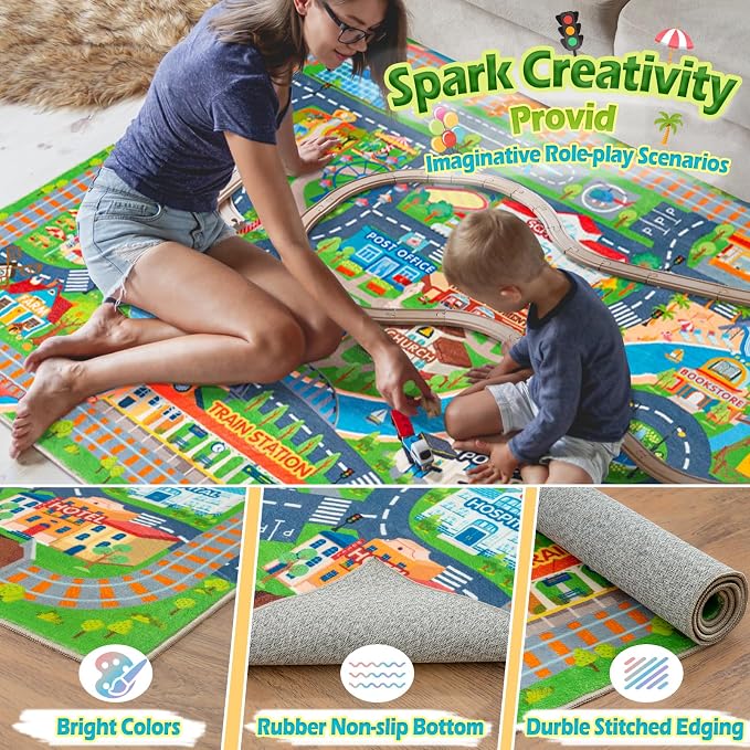 Car Rug Play Mat for Kids Toy Cars, 2 Packs 3'x4'/ 36"x48" Road Traffic Playmat - Image 4