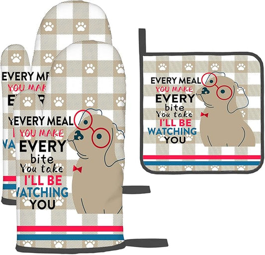 Funny Dog Oven Mitts and Pot Holders Sets of 3 Heat Resistant Hot Pads Cute by Unknown