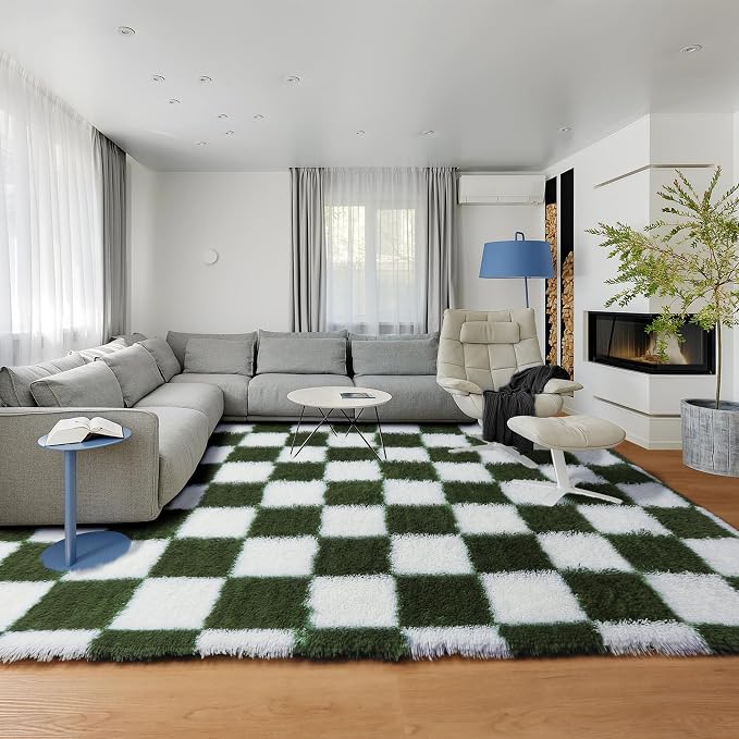 KICMOR 8x10 Area Rugs for Living Room, Large Soft Fluffy Checkered Big Fuzzy - Image 5