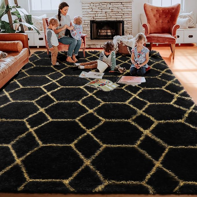 ONASAR 6x9 Area Rugs for Living Room Bedroom, Large Fluffy Black and Gold Throw - Image 7
