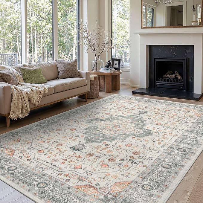 Rugxara 8x10 Washable Area Rug for Living Room, Vintage Neutral Extra Large by Rugxara