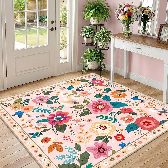 RELEANY Floral Square 4ft Area Rugs Washable Print Boho Cute Carpet Non Slip - Image 2