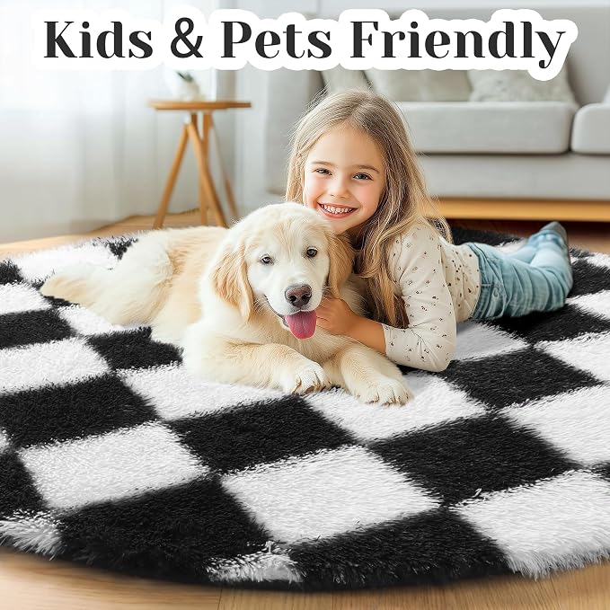 KICMOR Round Rugs 6ft for Bedroom Living Room, Large Plush Checkered Circular - Image 4
