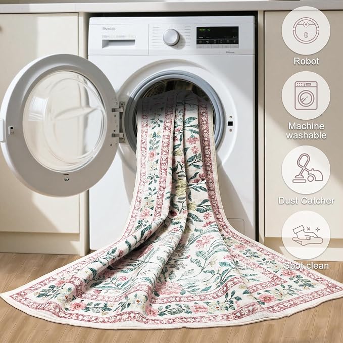 Round Area Rug for Living Room: 8 ft Floral Washable Circle Rug Soft Boho - Image 8