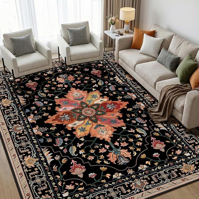 RELEANY Area Rugs 5'x7' Washable Non-Slip, Floral Vintage Distress Medallion by RELEANY