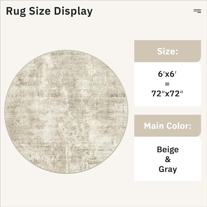 Soalmost 6x6 Beige Gray Round Rug 6ft Living Room Circle Rug Vintage Round Area - Image 5