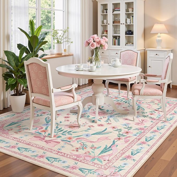 Pink Floral Bow Rug 8x10 for Living Room, Washable Non Slip Area Rug, Soft Boho - Image 7
