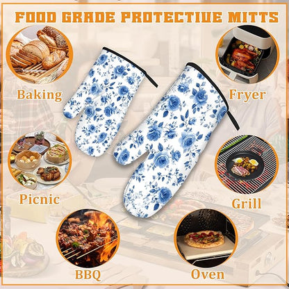Vintage Blue Rose Oven Mitts and Pot Holders, Heat Resistant Oven Mitts Gloves - Image 5