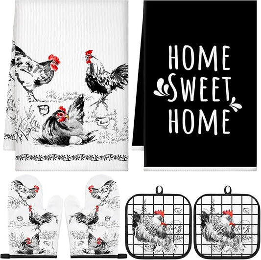 Leinuosen 6 Ink Rooster Farmhouse Kitchen Decor Dish Towels Oven Mitts and Pot by Leinuosen