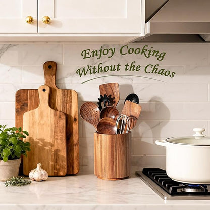 Criusia Utensil Holder 3 Pack, 360° Rotating Acacia Wood Cooking Utensil Crocks - Image 3