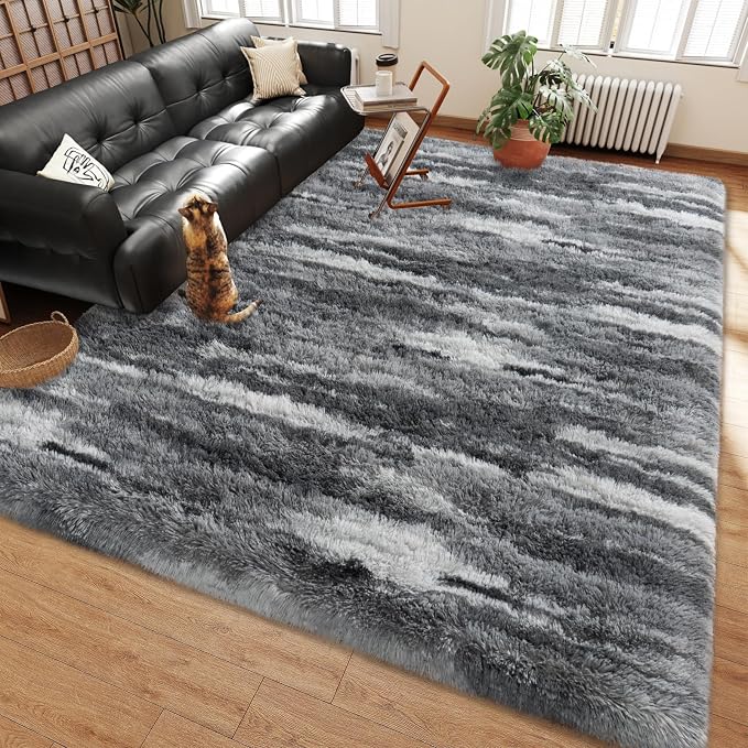 Shag Rugs for Living Room 6x9, Ultra Soft Abstract Grey Big Fuzzy Rugs for - Image 3