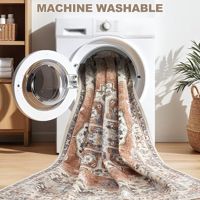 9x12 Washable Area Rug: Vintage Neutral Soft Non Slip Thin Large Floor Carpet - Image 4