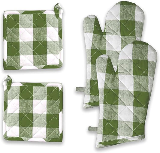 Buffalo Plaid Check Oven Mitts and Pot Holders Set, 100% Cotton, Heat Resistant by SoftopiaCotton