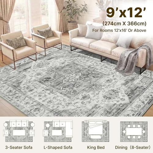 9x12 Area Rug for Living Room-Vintage Farmhouse Boho Floral Washable Stain - Image 2