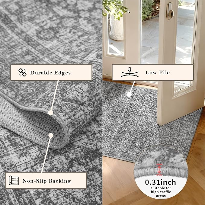 Latte&Fog 6x9 Area Rugs for Living Room, Large Vintage Grey Washable Rug - Image 6