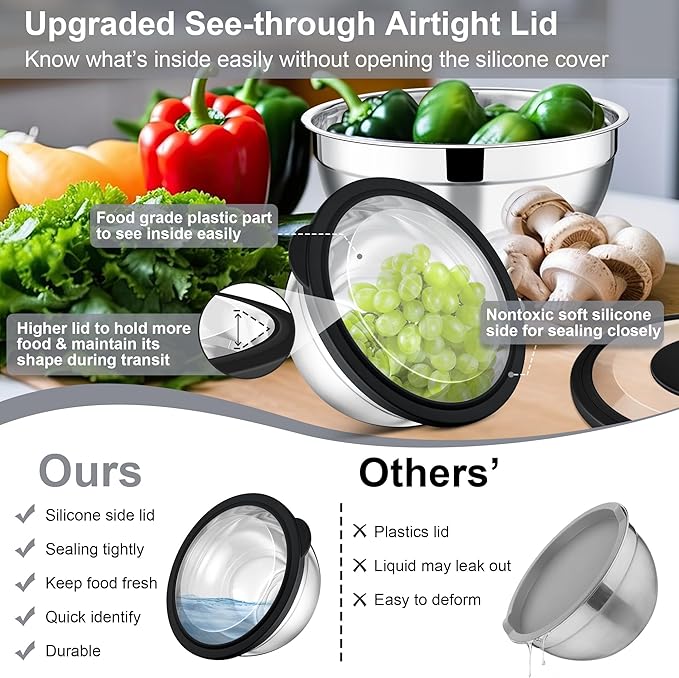 E-far Mixing Bowls with Lids and Graters, Stainless Steel Salad Mixing Bowl - Image 2