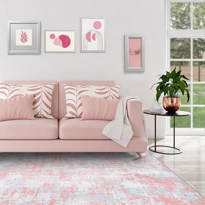 Pink Rug Carpet 9x12 Area Rugs for Bedroom Girls: Washable Modern Rug for - Image 3