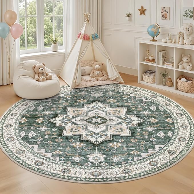 Round Area Rug for Living Room: 6ft Washable Vintage Boho Soft Thin Circle Rug - Image 5