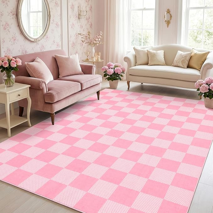 GarveeHome Checkered Blush Pink and White 5x7 Washable Rug Geometric Diamond by GarveeHome