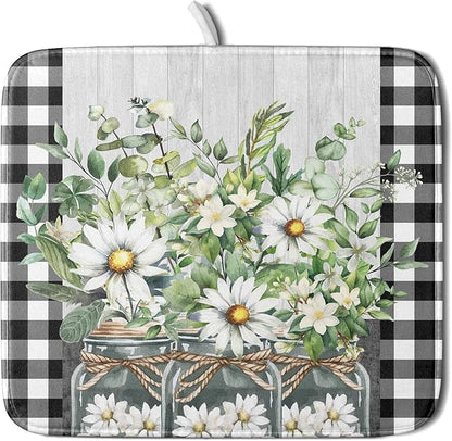 Spring Summer White Daisy Flowers Dish Drying Mat by Kawani