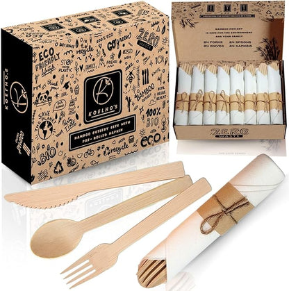 KOELHO'S Pre-Rolled Bamboo Cutlery Set 24-Pack 96 PCS | Bamboo Disposable Utensils 100% Biodegradable and Eco-Friendly | Wooden Utensils Disposable for Parties, Weddings, and Events