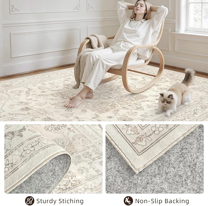 10x14 Area Rug for Living Room: Vintage Boho Neutral Washable Rug Indoor Soft - Image 4