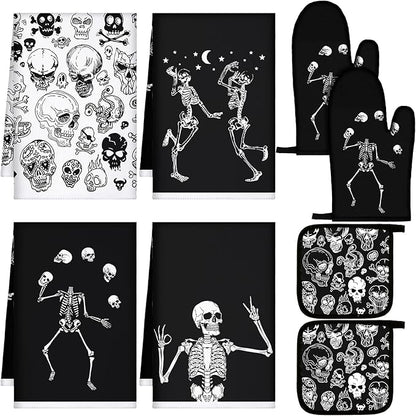 Leinuosen 8 Pcs Skull Kitchen Decor Set Kitchen Towels Gothic Oven Mitts and by Leinuosen