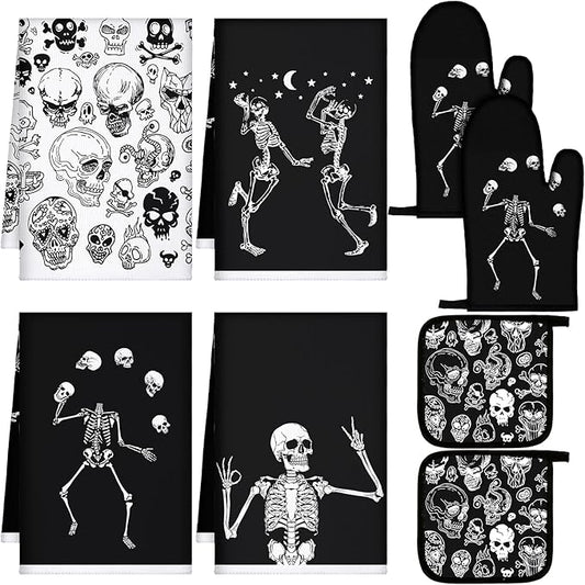 Leinuosen 8 Pcs Skull Kitchen Decor Set Kitchen Towels Gothic Oven Mitts and by Leinuosen