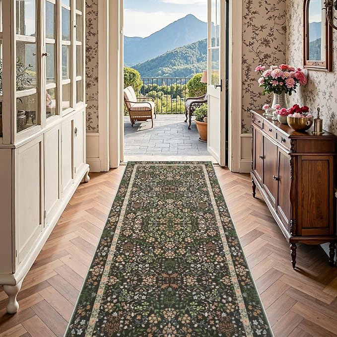 jinchan Zenith Floral Runner Rug 3x8 Washable Kitchen Runner Non-Slip Low-Pile - Image 3