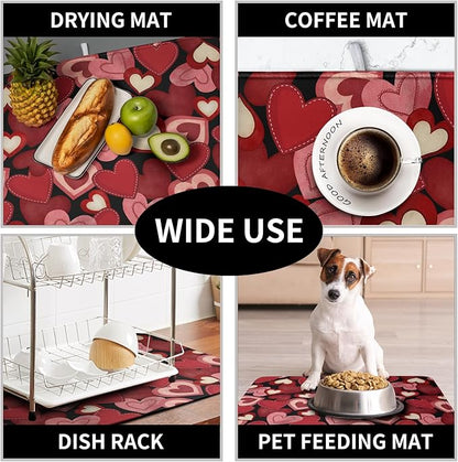 Valentine Dish Drying Mat for Kitchen Counter Red Black Love Heart Drying Pad - Image 7