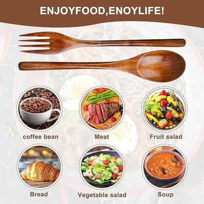 6 Pcs Wooden Forks and Spoons Reusable Wooden Spoons Forks Set Eating Utensil - Image 3