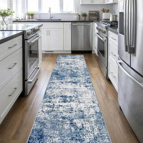 2.6'x14' Runner Rug Washable Rug: Modern Abstract Soft Thin Runner Rug Blue by FXRHLP