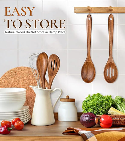 2Pcs Wooden Spoons for Cooking, Natural Premium Teak Wooden Spoon & Slotted - Image 6