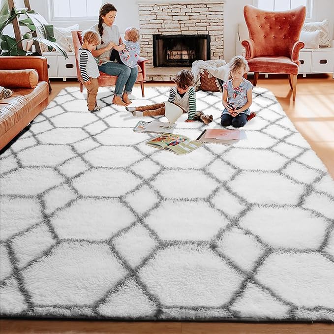 ONASAR Area Rugs for Living Room, 5x8 Fluffy White and Grey Rug for Bedroom - Image 7