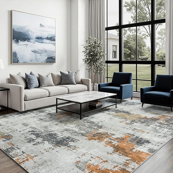 Area Rug 10x14 Living Room Rug Washable: No-Slip Abstract Soft Thin Large Grey - Image 4