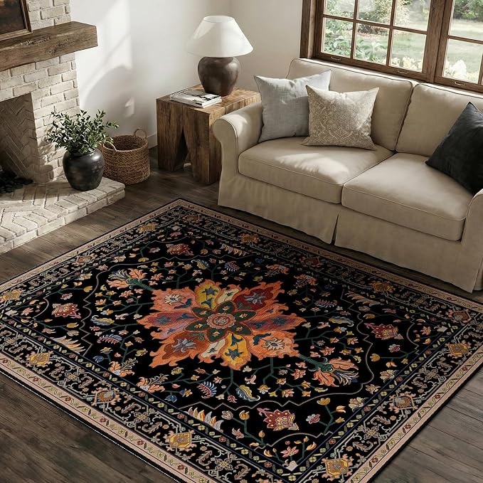 RELEANY Area Rugs 4'x5' Washable Non-Slip, Floral Vintage Distress Medallion - Image 3