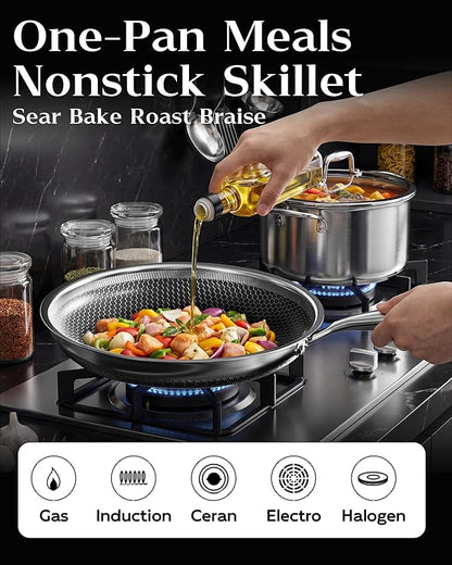 Nonstick Frying Pan Set, 8+10+12 Inch, Honeycomb Stainless Steel Skillet Pans - Image 3